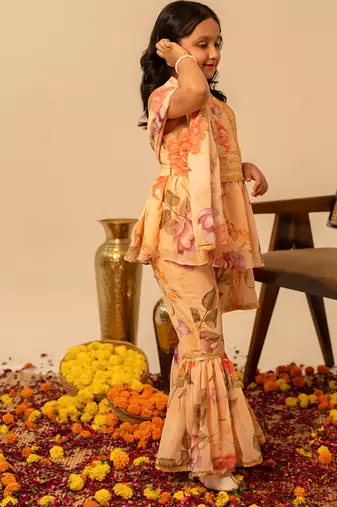 Peach yellow floral printed muslin sharara set