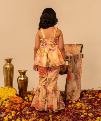 Peach yellow floral printed muslin sharara set 4