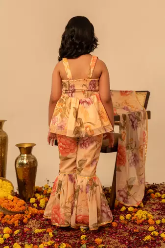 Peach yellow floral printed muslin sharara set
