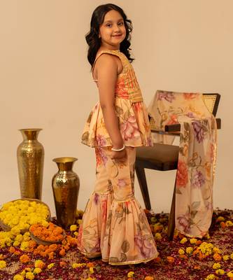 Peach yellow floral printed muslin sharara set 5