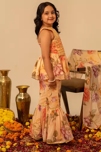 Peach yellow floral printed muslin sharara set