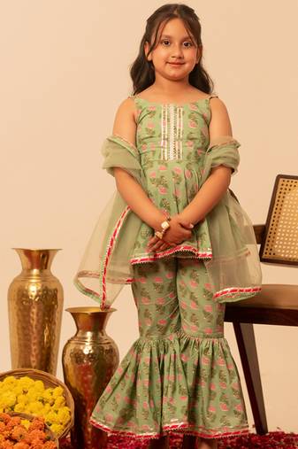 Sage green floral printed cotton sharara set