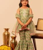 Sage green floral printed cotton sharara set