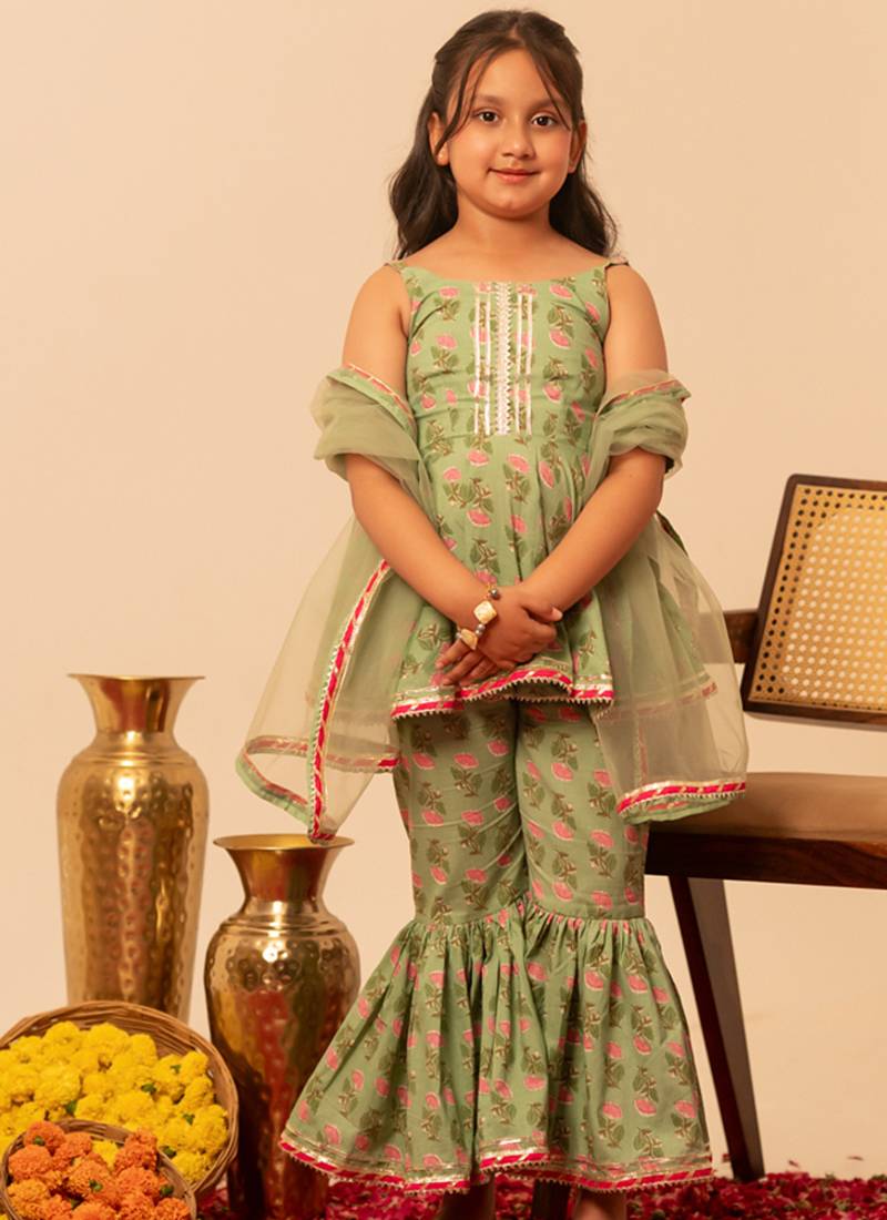 Sage green floral printed cotton sharara set