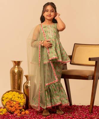 Sage green floral printed cotton sharara set 2