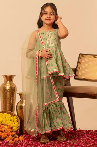 Sage green floral printed cotton sharara set