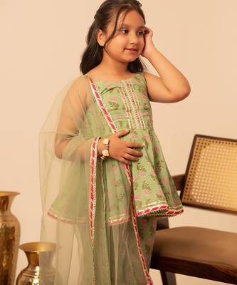 Sage green floral printed cotton sharara set 3