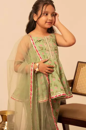 Sage green floral printed cotton sharara set