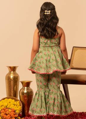 Sage green floral printed cotton sharara set 4