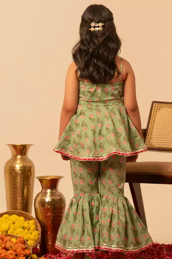 Sage green floral printed cotton sharara set