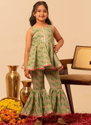Sage green floral printed cotton sharara set 5