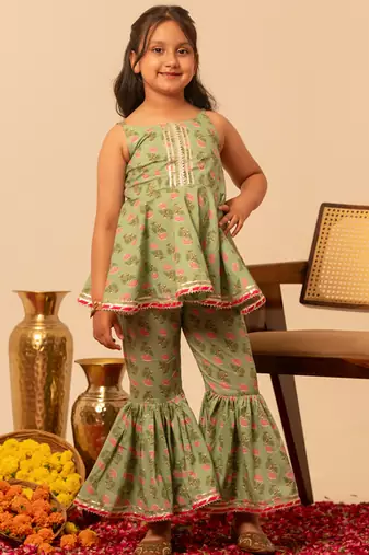 Sage green floral printed cotton sharara set