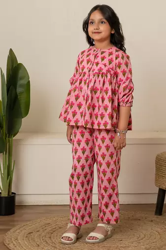 Baby pink printed cotton co ord set