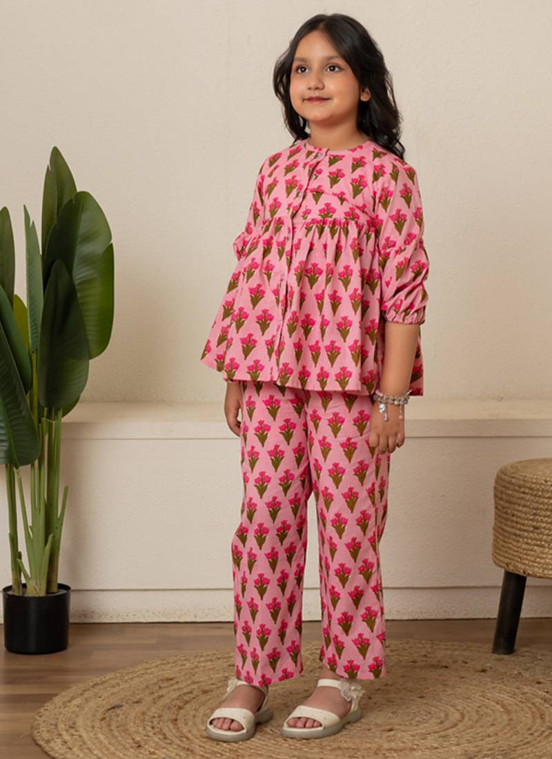 Baby pink printed cotton co ord set