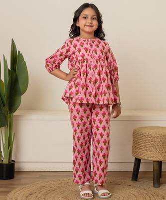 Baby pink printed cotton co ord set 3
