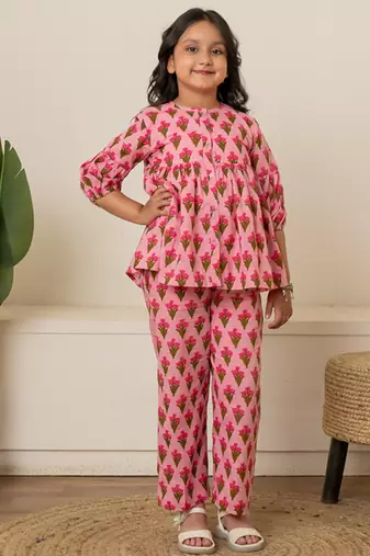 Baby pink printed cotton co ord set