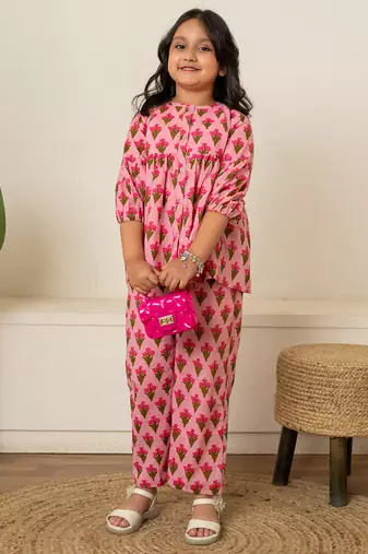 Baby pink printed cotton co ord set