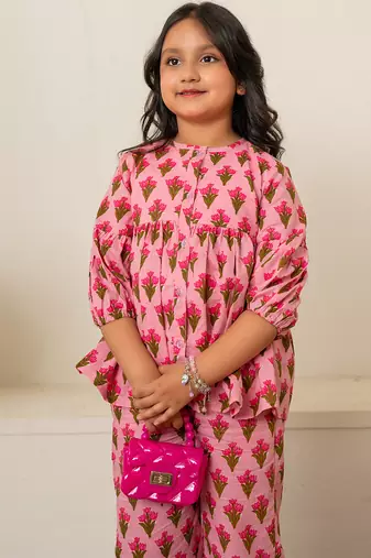 Baby pink printed cotton co ord set