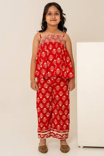 Crimson red printed cotton co ord set