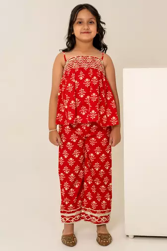 Crimson red printed cotton co ord set