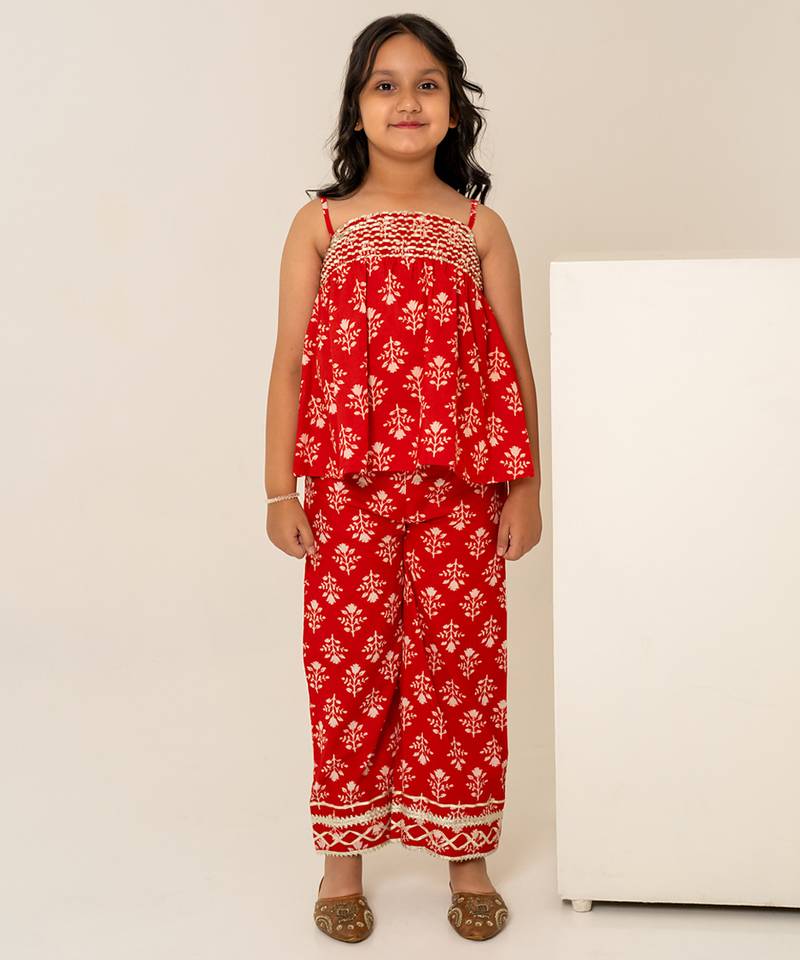 Crimson red printed cotton co ord set