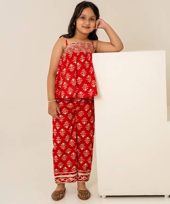 Crimson red printed cotton co ord set 2