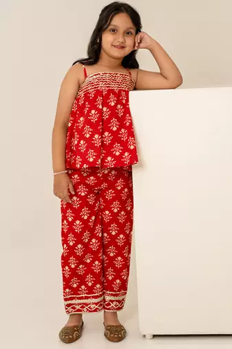 Crimson red printed cotton co ord set