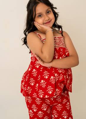 Crimson red printed cotton co ord set 3
