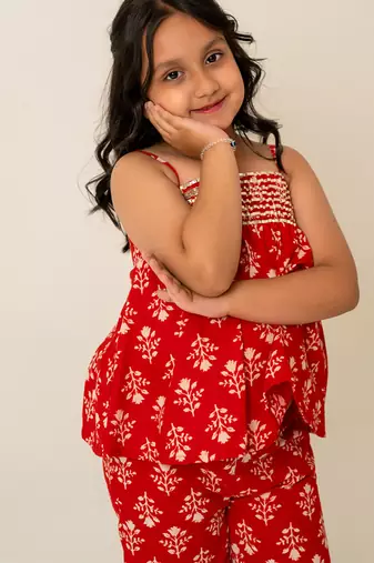 Crimson red printed cotton co ord set