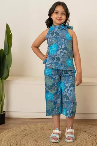 Turquoise blue printed cotton co ord set