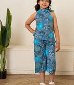 Turquoise blue printed cotton co ord set