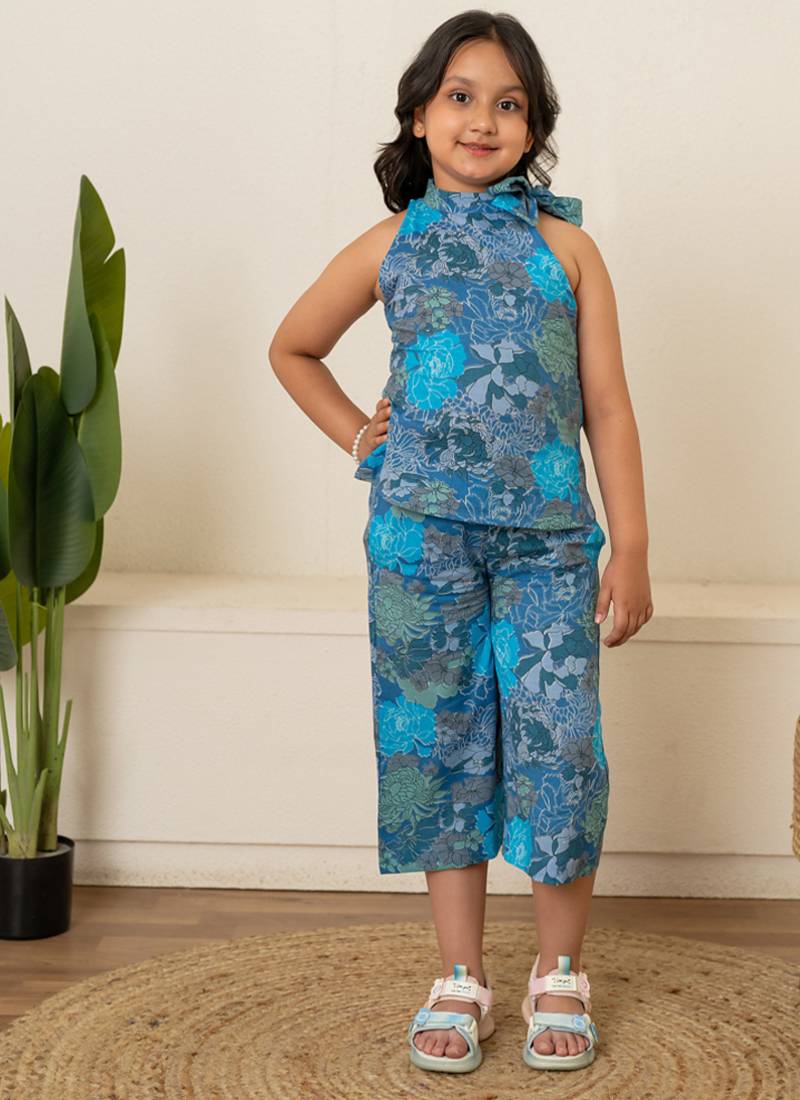 Turquoise blue printed cotton co ord set