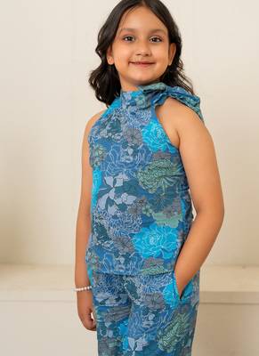 Turquoise blue printed cotton co ord set 4