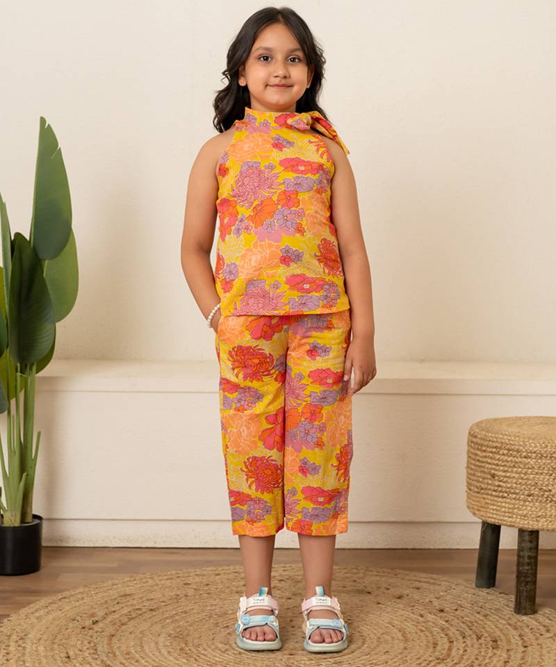 Bright yellow printed cotton co ord set