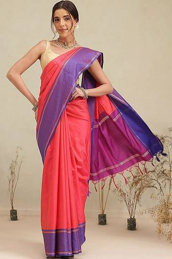Red color blocked zari art silk handloom saree with blouse piece