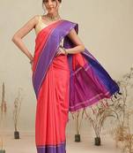 Red color blocked zari art silk handloom saree with blouse piece
