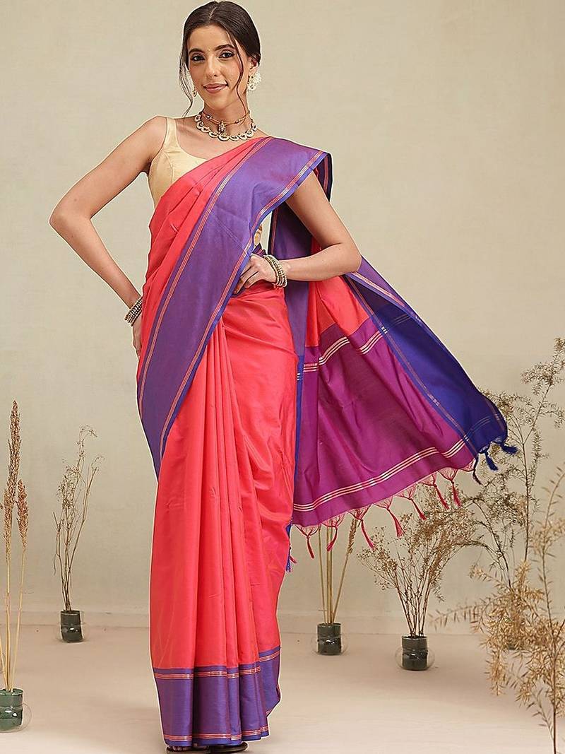 Red color blocked zari art silk handloom saree with blouse piece