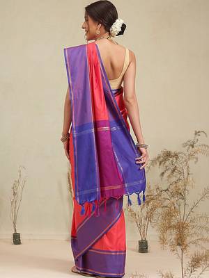 Red color blocked zari art silk handloom saree with blouse piece 2