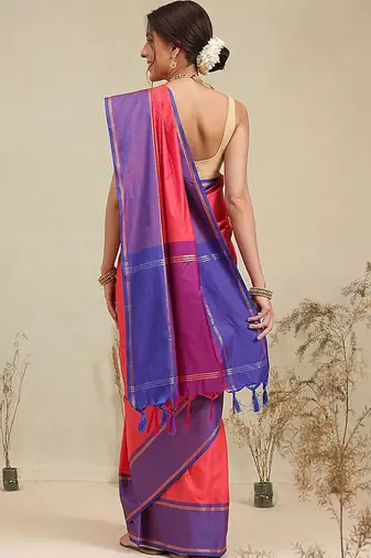 Red color blocked zari art silk handloom saree with blouse piece