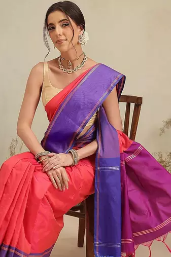Red color blocked zari art silk handloom saree with blouse piece