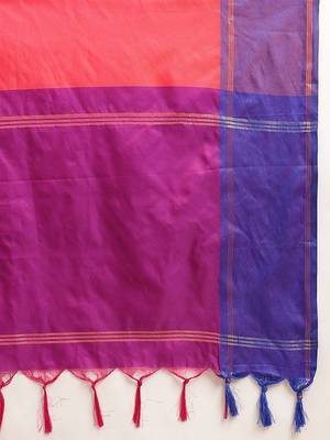 Red color blocked zari art silk handloom saree with blouse piece 5