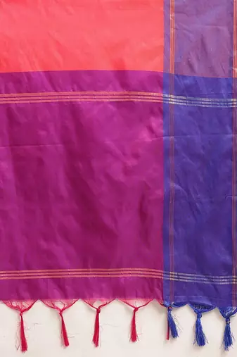 Red color blocked zari art silk handloom saree with blouse piece