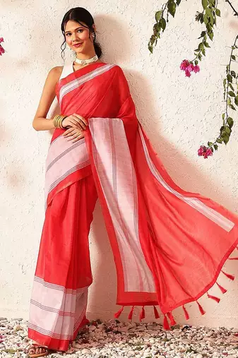 Red block printed cotton blend traditional saree with blouse piece