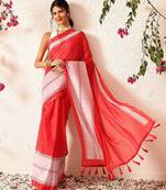 Red block printed cotton blend traditional saree with blouse piece