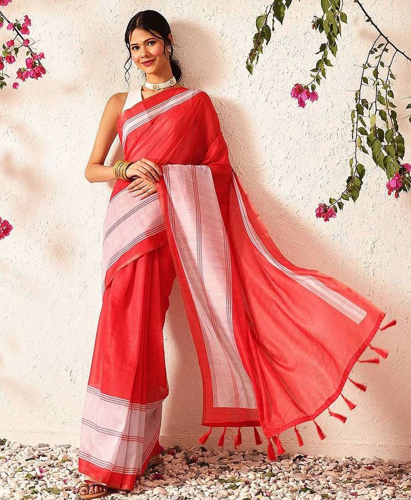 Red block printed cotton blend traditional saree with blouse piece