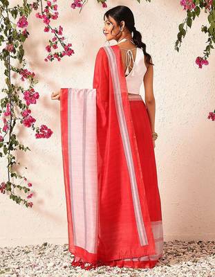 Red block printed cotton blend traditional saree with blouse piece 2