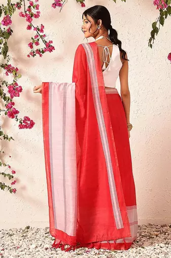Red block printed cotton blend traditional saree with blouse piece