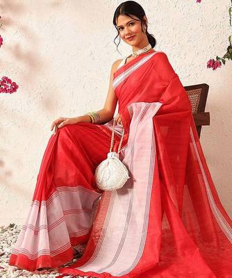 Red block printed cotton blend traditional saree with blouse piece 3