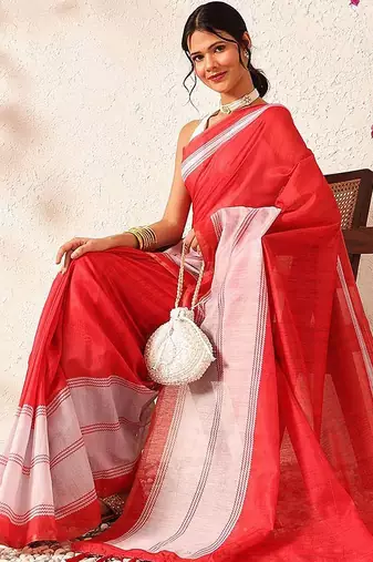 Red block printed cotton blend traditional saree with blouse piece