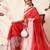 Red block printed cotton blend traditional saree with blouse piece